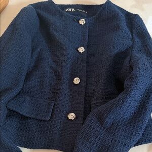 Zara Midnight Blue Women's Tweed Jacket with Silver Buttons